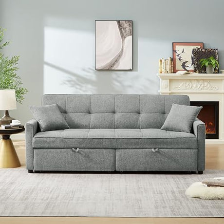 HKYYUANQI 3 in 1 Convertible Sleeper Sofa Bed, Modern Fabric Loveseat Futon with Reclining Backrest, Pillows, and Storage Pockets for Small Spaces, Living Room Furniture in Grey HKYYUANQI