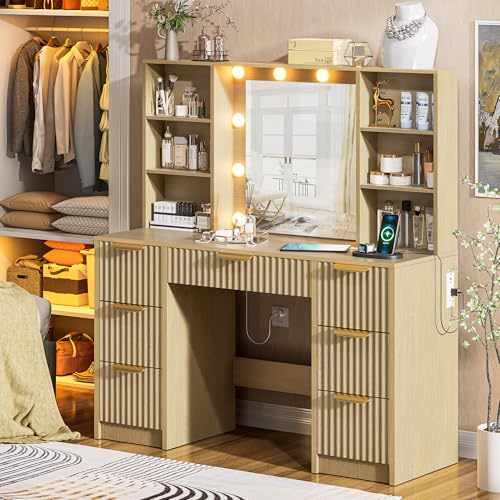 DDONGMM Fluted Vanity Desk with Mirror and 10 Adjustable LED Lights, Modern Makeup Desk with 7 Drawers & 6 Shelves, Dressing Table with Charging Station for Girls, Women, Bedroom, Natural Oak DDONGMM