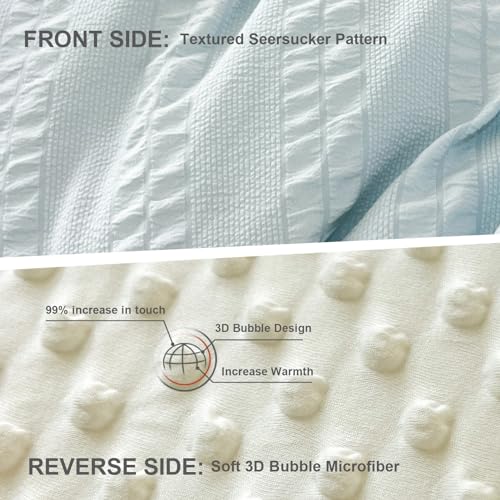 tohrisa Boho Comforter Set Queen Size Striped Pleats Bohemian Seersucker Bedding Set All Season Soft Cozy 3 Pieces Quilt with 2 Pillowcases(90"X90" Light Blue) tohrisa