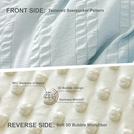 tohrisa Boho Comforter Set Queen Size Striped Pleats Bohemian Seersucker Bedding Set All Season Soft Cozy 3 Pieces Quilt with 2 Pillowcases(90"X90" Light Blue) tohrisa