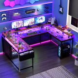 FinerFurnis u Shaped Desk with Power Outlets & LED Lights, 79" Extra Large Reversible Corner Office Desk, Monitor Stand & Storage Shelves, Corner Computer Table Office Table with Full Monitor Stand FinerFurnis