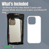 INNOSUB 5-Pack White Sublimation iPhone 15 Pro Max Cases with Aluminum Inserts, Rubber Protective Cases for Custom Designs, Ideal for Heat Press Printing INNOSUB
