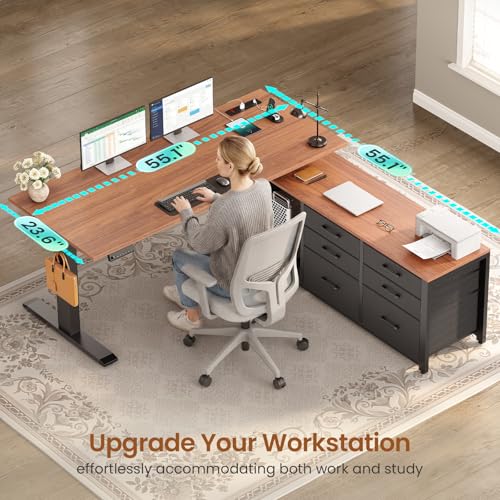 SEDETA L Shaped Electric Standing Desk, 55" x 55" Height Adjustable Office Executive Desk with 6 Fabric Drawers and Storage Shelves, Sit Stand Computer Desk with Power Outlet for Home Office (Brown) SEDETA