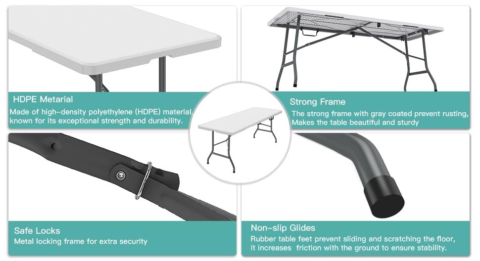 Generic 6 ft Folding Table, Foldable Dining Table, White Plastic Table, Lightweight Portable Table, Industrial Workbench for Indoor Outdoor, Picnic, Camping, Board Game with Handle, Locks - White Generic