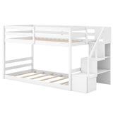 Giantex Twin Over Twin Bunk Bed with Stairs, Solid Wood Floor Bunk Bed with Storage Staircase & Full-Length Guardrails, Low Bunk Bed with for Kids, Teens, Adults, Dorm, Small Space, White Giantex