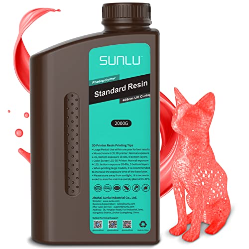 SUNLU 3D Printer Resin, 2000g Standard Photopolymer 405nm UV Curing Resin for 4K/8K LCD/DLP/SLA Resin 3D Printer, 3D Printing Liquid Fast Curing Resin, High Precision, Low Shrinkage, 2KG, Clear Red