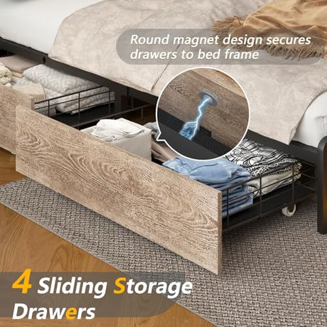 CSZZD King Size Bed Frame and Bookcase Headboard & Storage Drawers, LED Upholstered Platform Bed Frame King Size with USB Charging Station, No Box Spring Needed, Easy Assembly, Oak Gray CSZZD