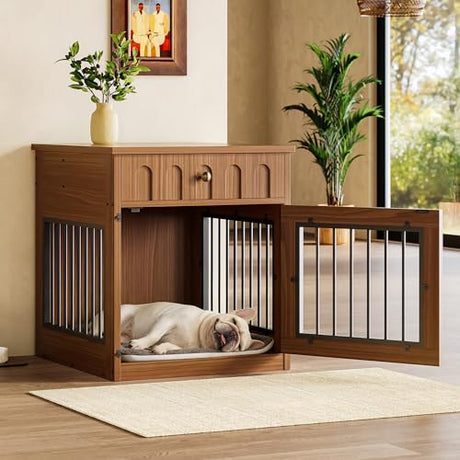 IRONCK Dog Crate Furniture, Wooden Dog Crate with Drawer and Flip-Top Storage, Indoor Dog House End Table for Small Breeds, for Living Room, Bedroom, Walnut IRONCK