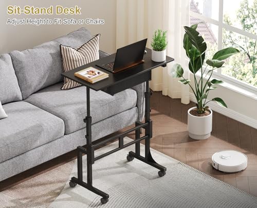 Adjustable Height Standing Desk With Drawer, Rolling Sit Stand Up Desk With Wheels, Small Sit To Stand Computer Desk, Adjustable Desktop Height, On Wheels, Black, For Walking Pad Laptop Treadmill Cidaziya