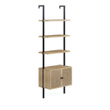 Nathan James Theo Ladder 3 tier Open Bookshelf with Rattan Drawers and Matte Steel Frame, Light Oak/Black Nathan James
