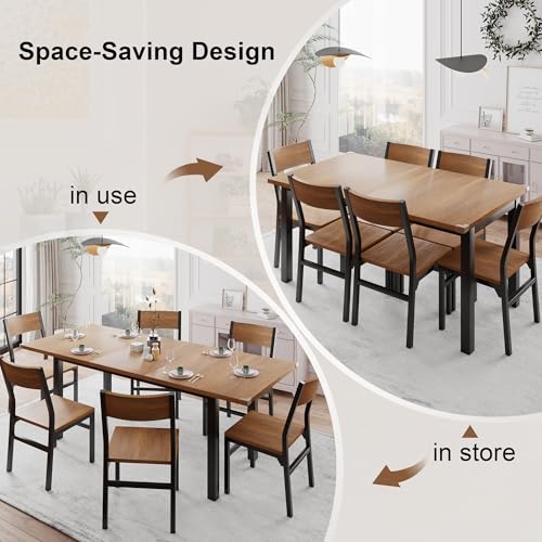 Einhomn 7-Piece Dining Room Table Set with 6 Chairs, 63" Extendable Dining Table & Chairs Set for 4-6, MDF Board & Metal Frame, for Kitchen, Dining Room, Walnut Einhomn