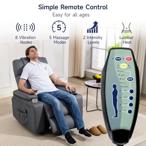 Brage Living Power Lift Recliner Chair for Elderly with Massage & Heat, 160° Adjustable PU Leather Electric Recliner with Remote, Cup Holders, Side Pockets, and Stand Assist for Living Room (Grey)