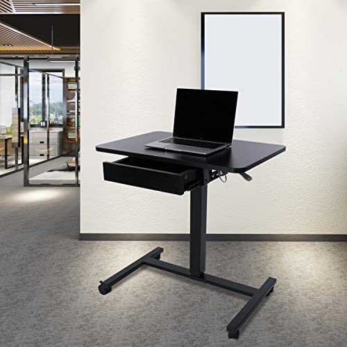 CLATINA Height Adjustable Work Table with Drawer Mobile Laptop Standing Desk Portable Small Teacher Podium with Lockable Wheels Cart Computer Overbed Table for Home Office Classroom Medical, Black CLATINA