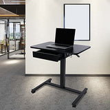 CLATINA Height Adjustable Work Table with Drawer Mobile Laptop Standing Desk Portable Small Teacher Podium with Lockable Wheels Cart Computer Overbed Table for Home Office Classroom Medical, Black CLATINA