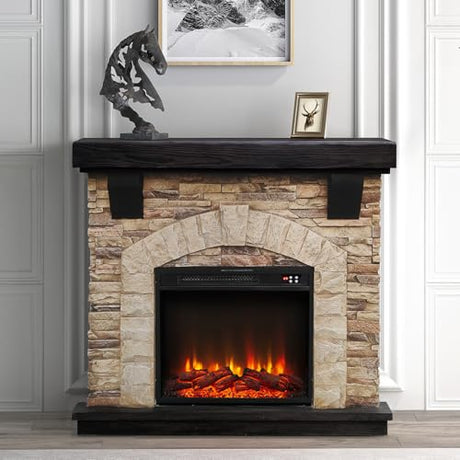 FESTIVITY 45 Inch Freestanding Mantel with 23" Electric Fireplace Insert for Living Room & Bedroom, Realistic Log and Flame Effect, Remote Control, Timer (Brown) FESTIVITY