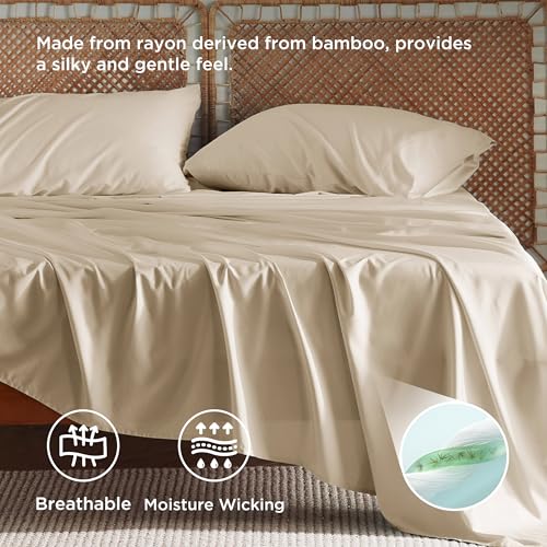 Bedsure King Size Sheet Set, Cooling Sheets King, Rayon Derived from Bamboo, Deep Pocket Up to 16", Breathable & Soft Bed Sheets, Hotel Luxury Silky Bedding Sheets & Pillowcases, Beige Bedsure