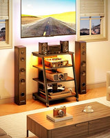 CHOEZON 4-Tier AV Media Stand with Wheels, Stereo Stands, Media Console Shelf with Power Strips, LED Lights, Wooden Audio Cabinet Rack Tower for Record Player/Apple TV/ps4, Black TCJ60UDBB CHOEZON