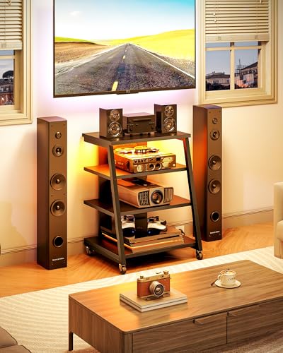 CHOEZON 4-Tier AV Media Stand with Wheels, Stereo Stands, Media Console Shelf with Power Strips, LED Lights, Wooden Audio Cabinet Rack Tower for Record Player/Apple TV/ps4, Black TCJ60UDBB CHOEZON