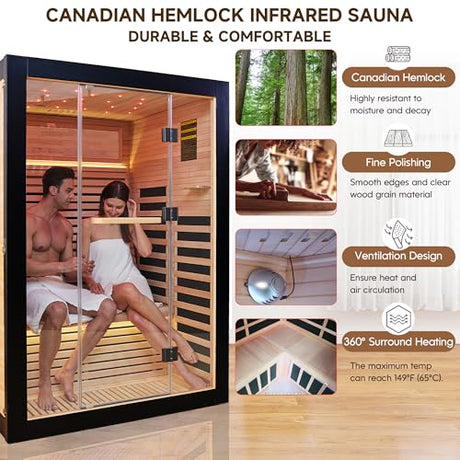 RIGO 2 Person Infrared Sauna for Home - Canadian Hemlock Luxury Spa with Exclusive Star Sky Roof & Oxygen Bar, 7 Low EMF Graphene Heaters, Bluetooth RIGO