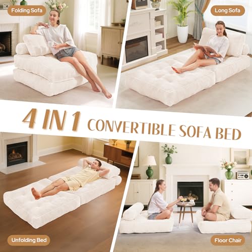 HABUTWAY Folding Sofa Bed, Convertible Sleeper Chair Bed w/Dual-Pillow & Handle, Foldable Floor Sofa Lounge w/Back Support for Living Room, Bedroom, Apartment, Office, Single, Beige HABUTWAY