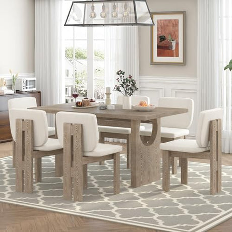 Merax Wood Dining Table Set for 6, Rectangular Tabletop/Upholstered Chairs/Retro Geometric Design, Ideal for Dining-Room and Kitchen, Natural Merax