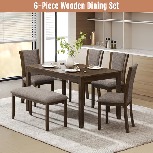 Zevemomo 6-Piece Solid Wood Dining Table Set, Including 1 Dining Table, 4 Upholstered Chairs and 1 Bench, Farmhouse Wooden Legs Dining Table Set for Living Room, Kitchen, Dark Walnut Zevemomo
