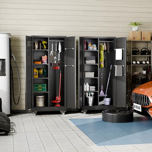 GLADIW Garage Storage Cabinet, Metal Storage Cabinet with Lockable Doors and 4 Adjustable Shelves, Tool Cabinet with Wheels and Pegboards for Garages, Offices, Kitchens, Gyms and Pantries, Bl - WoodArtSupply