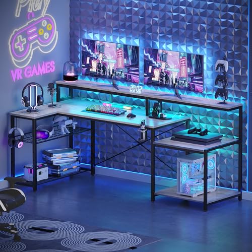 Bestier 71.5 inch Computer Desk with Power Outlets, LED Home Office Desk with Long Monitor Stand, Large Corner Desk with Storage Shelf, Cup Holder & Headset Hooks L Shaped Desk Bestier