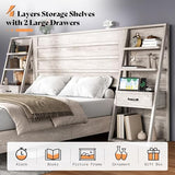 LUXOAK Full Bed Frame with Bookcase Headboard & 4-Tier Bedside Shelf, Farmhouse Platform Bed with Charging Station and 2 Drawers, Noise-Free, No Box Spring Needed, Rustic White LUXOAK