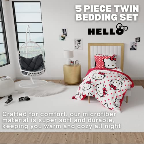 Franco Collectibles Hello Kitty Polka Dot Bedding 5 Piece Super Soft Comforter and Sheet Set with Sham, Twin, (Official Licensed Product) Franco
