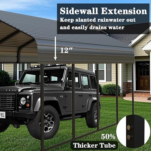 Poborin 20x20 ft Metal Carport for Outdoor Garages Steel Heavy Duty Portable Garage with Large Tall Carports Canopy for Snow, Car Ports with Galvanized Steel Roof & Frame - Grey Poborin