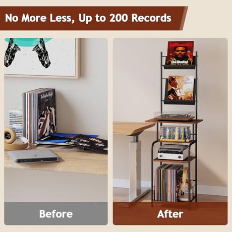 Homsorout Record Player Stand with Vinyl Storage - 6-Tier Turntable Table with Adjustable Feet, Metal & Wood Cabinet - Console Organizer Display Shelf for Living Room, Apartment Homsorout