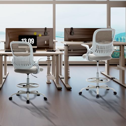Sweetcrispy Tall Drafting Office Desk Chair - Ergonomic High Stool Computer Chair with Adjustable Height and Comfy Lumbar Support, Rolling Counter Height Chairwith Flip-up Arm and Footrest, Grey Sweetcrispy