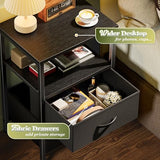 Huuger Night Stand Set of 2, Nightstand with 2 Drawers, Bed Side Table with Open Shelf, Wooden Top, End Table, Fabric Drawer, for Bedroom, Black Huuger