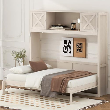 TCMILA Full Size Murphy Cabinet Bed with Storage Shelf and Cabinet Built-in Door, Folded Horizontal Murphy Hidden Bed, No Box Spring Needed, Beige TCMILA