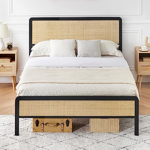 Amyove Boho Queen Bed Frame with Natural Rattan Headboard and Footboard - WoodArtSupply