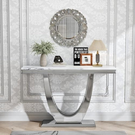 47" Modern Marble Console Table, Narrow Entryway Table White Faux Marble Top & Silver Double U-Shaped Stainless Steel Base - Sofa Table for Entryway, Hallway, Foyer, Living Room AMHDDT