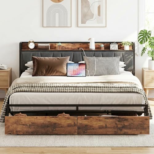 LIKIMIO King Size Bed Frame, Storage Headboard with Charging Station, Platform Bed with Drawers, No Box Spring Needed, Easy Assembly, Industrial Brown and Gray LIKIMIO