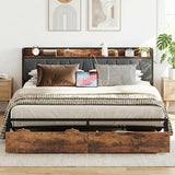 LIKIMIO King Size Bed Frame, Storage Headboard with Charging Station, Platform Bed with Drawers, No Box Spring Needed, Easy Assembly, Industrial Brown and Gray LIKIMIO