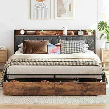 LIKIMIO King Size Bed Frame, Storage Headboard with Charging Station, Platform Bed with Drawers, No Box Spring Needed, Easy Assembly, Industrial Brown and Gray LIKIMIO