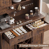 72" Coffee Bar Cabinet with Power Outlet & LED Light, Farmhouse Large Kitchen Hutch with Sliding Barn Door, Tall Bar Cabinets with Storage Drawers & Wine Glass Rack,Pantry China Cabinet,Vintage Brown Jocoevol