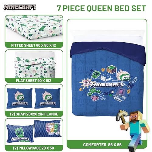 Jay Franco Kids Comforter Set Includes Sheets and Pillow Covers - Soft and Cozy Bed Set for Stylish Room Decor, Blue - Minecraft 02, 7 Piece Queen Bedding Jay Franco