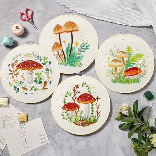 Bonroy 4 Sets Embroidery Kit for Beginners with Instructions,Cross Stitch Kits for Adults with Pattern,Needlepoint Kits for Adult Include Embroidery Cloth Hoops Needles Threads(Mushroom)