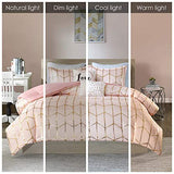 Intelligent Design Raina King/Cal King Comforter Set, Soft Microfiber, Modern Geometric Metallic Bed Set, 5 Pieces College Bedding with 2 Shams, 2 Toss Pillows Blush/Gold Intelligent Design