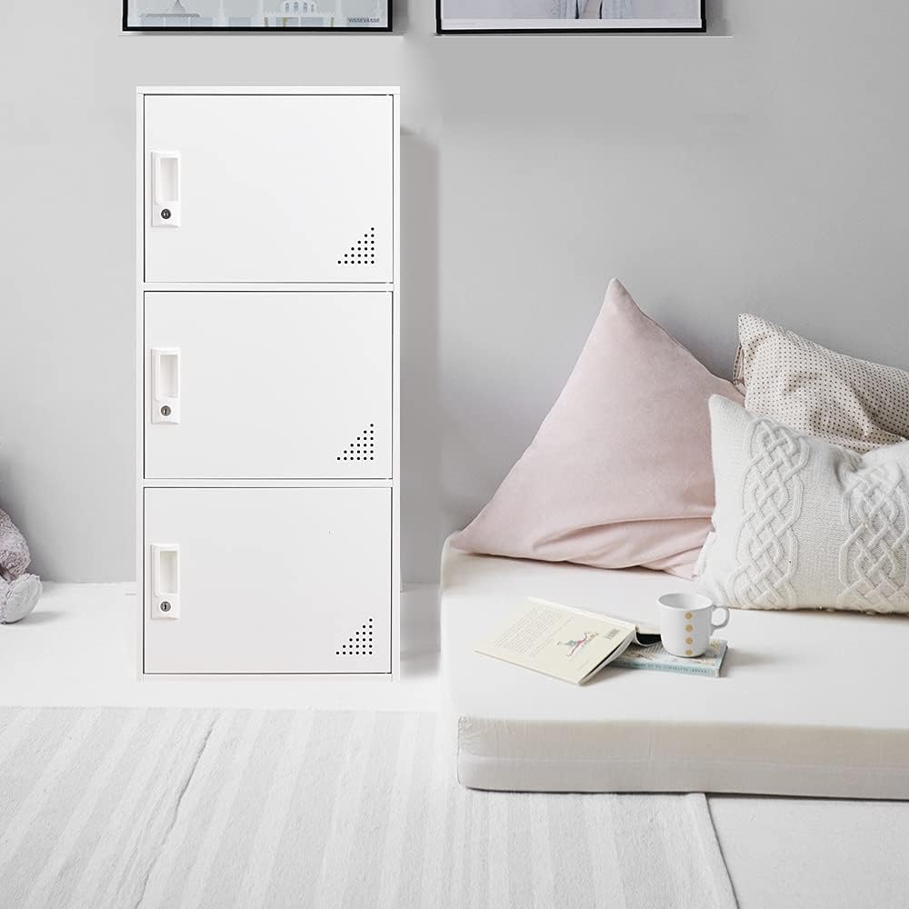 iCHENGGD 3 Door Metal Locker Steel Storage Cabinet, Office Storage Lockers for Employees, Vertical Metal Cabinets for Home,Office,School,Room Storage Organizer (White) iCHENGGD