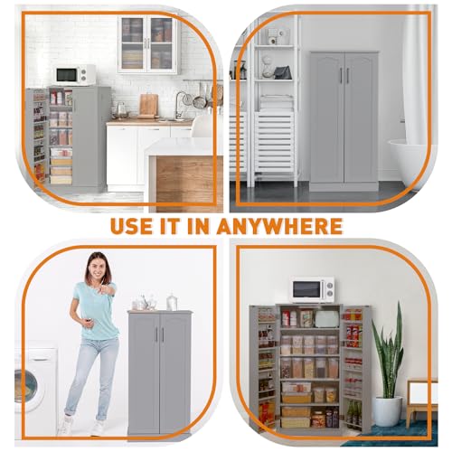 Furnaza LED Kitchen Pantry Storage Cabinets - 50 Inch Food Cabinets Buffet Cupboards with 2 Doors and Shelves Adjustable for Small Space in Dinning Room, Living Room, in Grey Furnaza