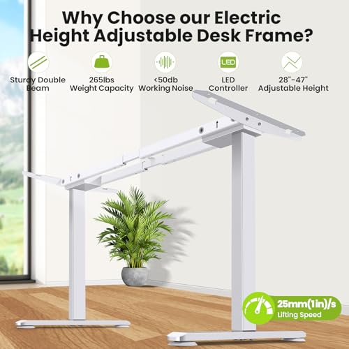 farexon Electric Standing Desk Frame with Cable Management Tray, Wheels & Hooks, Heavy Duty Dual Motor Stand Up Desk Dual-Beam Frame,265 lbs Capacity up to 78" x 40" Tops (White Frame Only) farexon