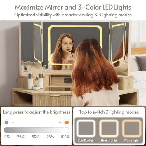 ENSTVER Corner Vanity with Clear Glass Top, 47" Corner Makeup Vanity Desk with Large Mirror and Lights, Fluted Wooden Vanity Wall-Mounted Jewelry Storage for Bedroom, Oak ENSTVER