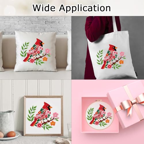 Louise Maelys Red Cardinal Bird Embroidery Kit for Beginners - Floral Hand Stamped DIY Embroidery Kits with Hoop, Threads & Needles - Easy Cross Stitch Starter Set for Adults