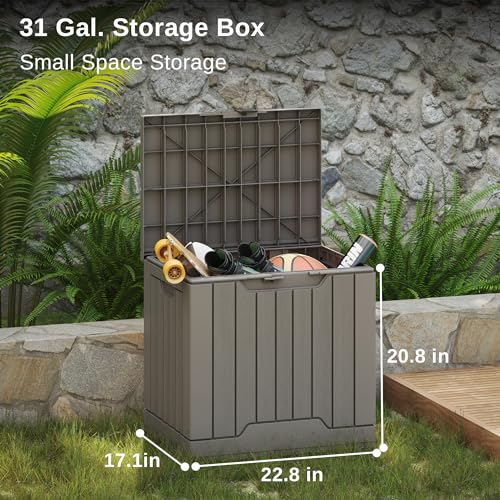 EAST OAK Outdoor Storage Box, 31 Gallon Deck Box Indoor and Outdoor Use, Waterproof Resin Storage Bin with Latch for Patio Cushions, Gardening Tools, Outdoor Toys, UV Resistant, Deep Grey EAST OAK